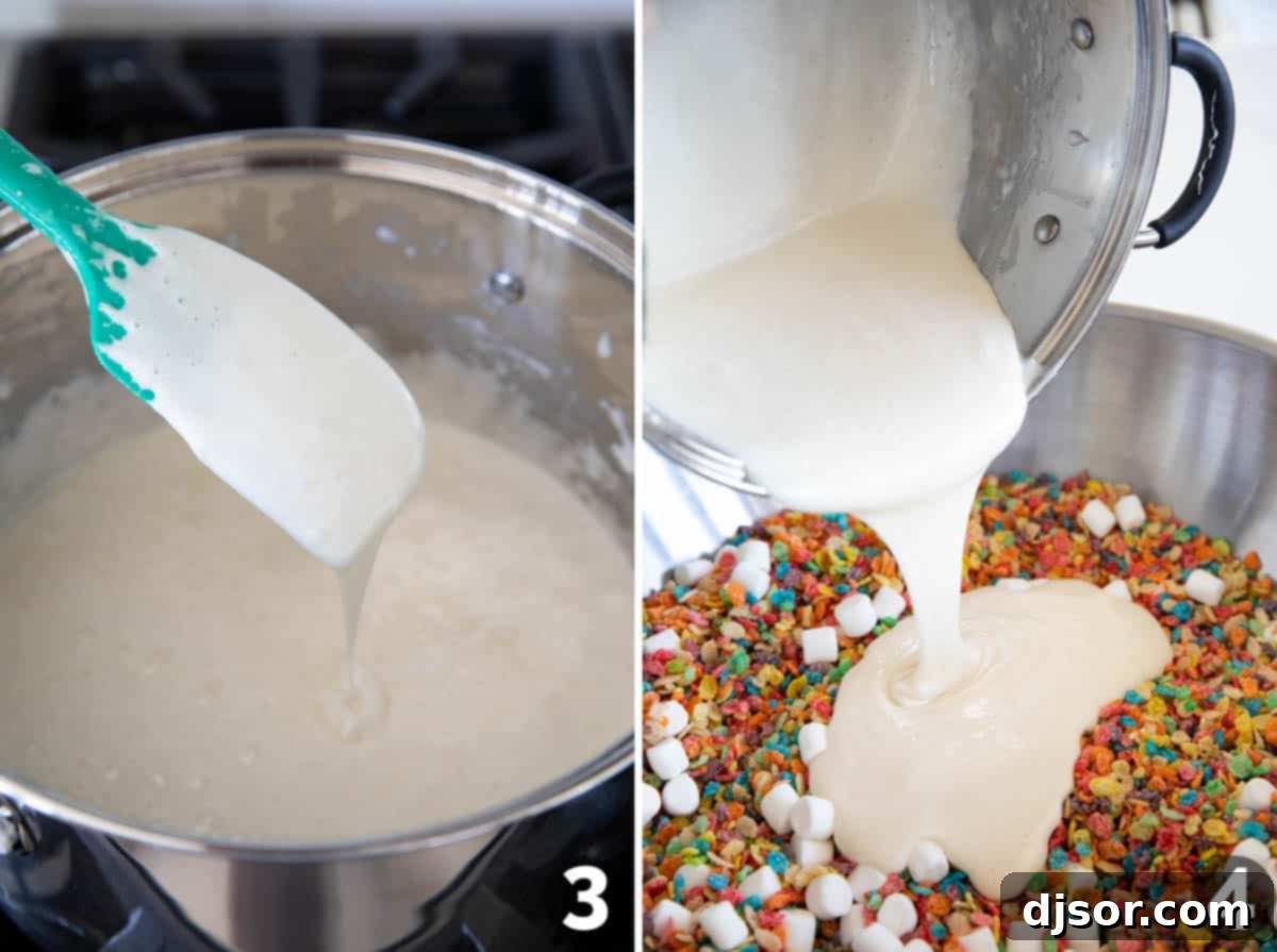 A large pot of melted marshmallow mixture being poured over a bowl of cereal and marshmallows.