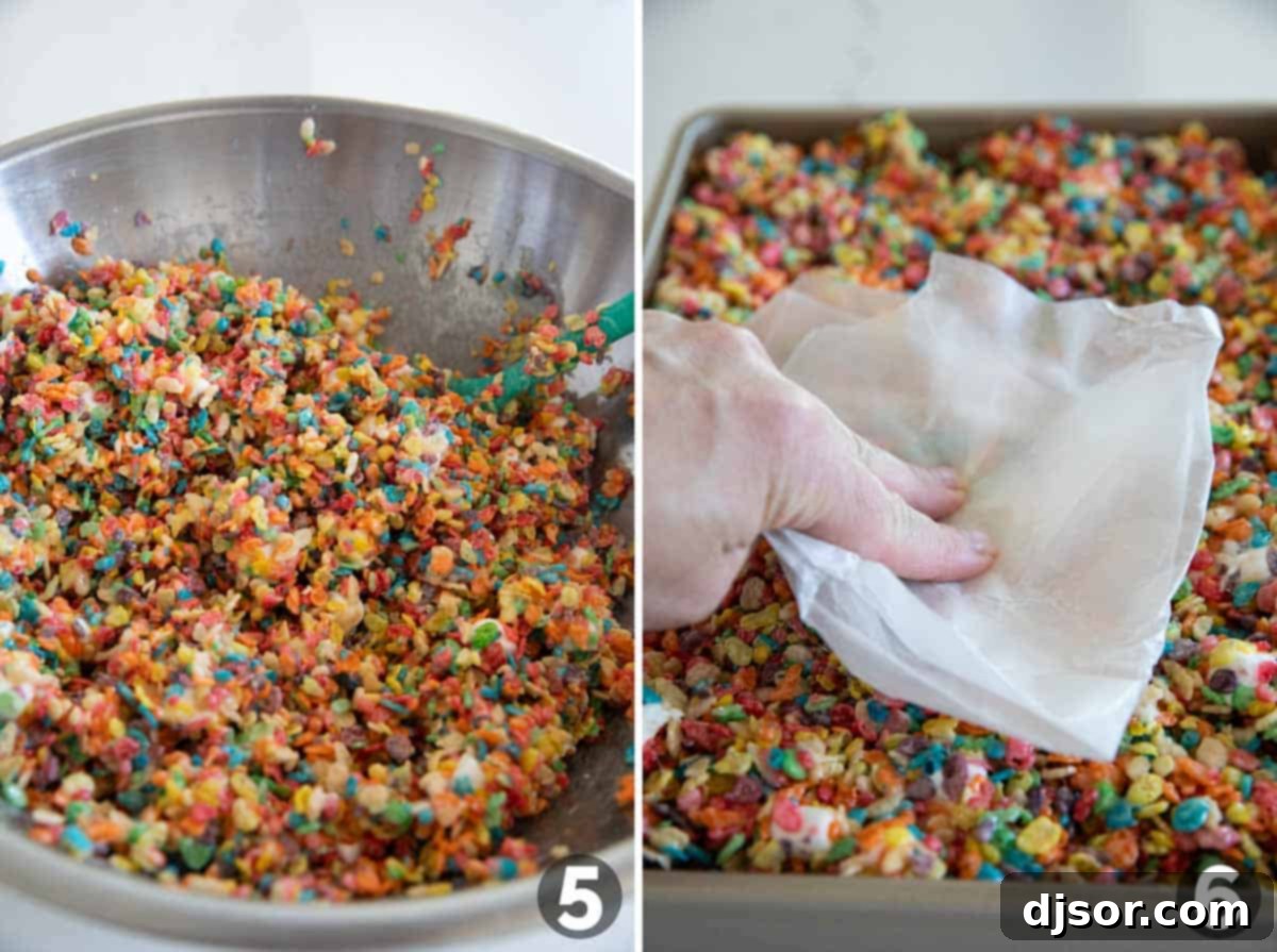 On the left, a bowl of mixed cereal and marshmallow is being stirred. On the right, the finished mixture is being gently pressed into a 9x13 inch baking dish.
