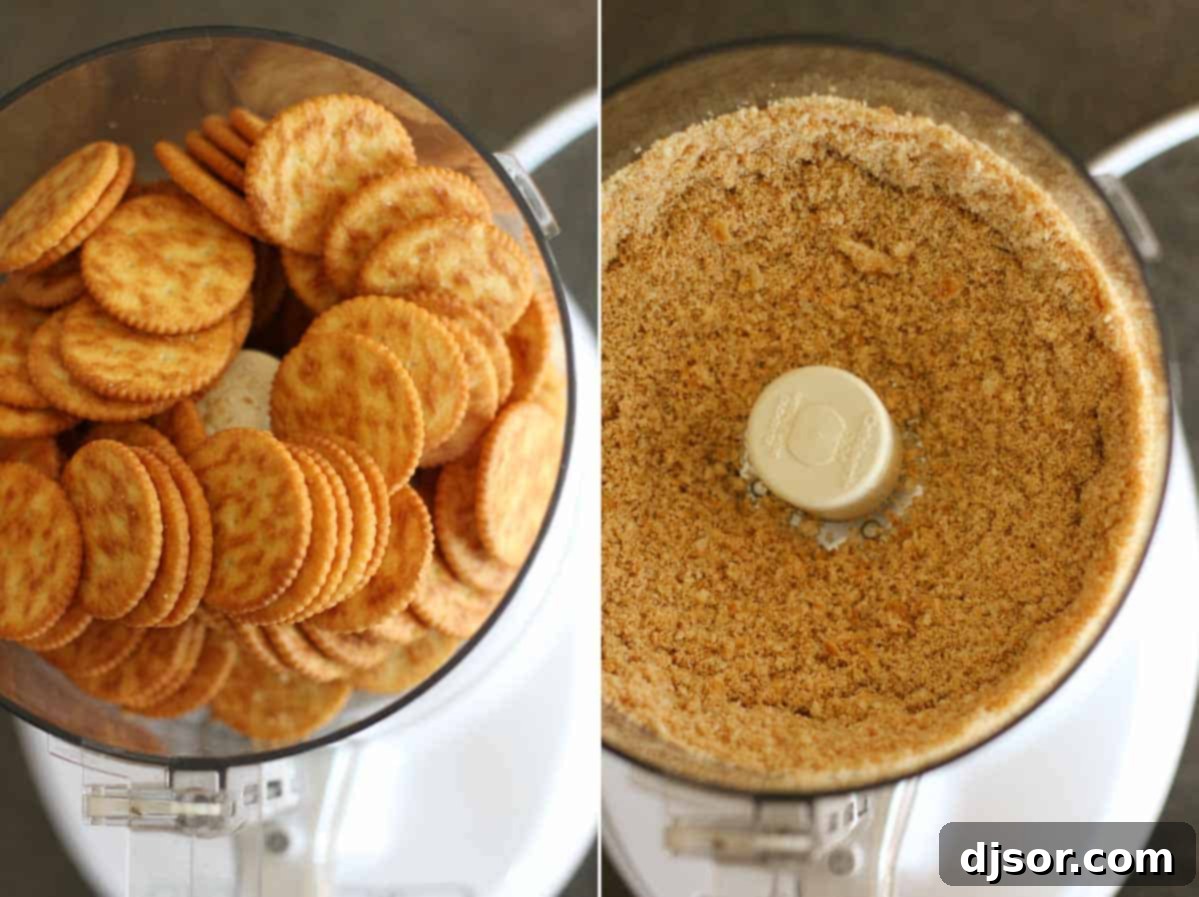 Close-up shot of Ritz crackers being crushed, illustrating the first step in making Skor Squares, emphasizing the ease of preparation.