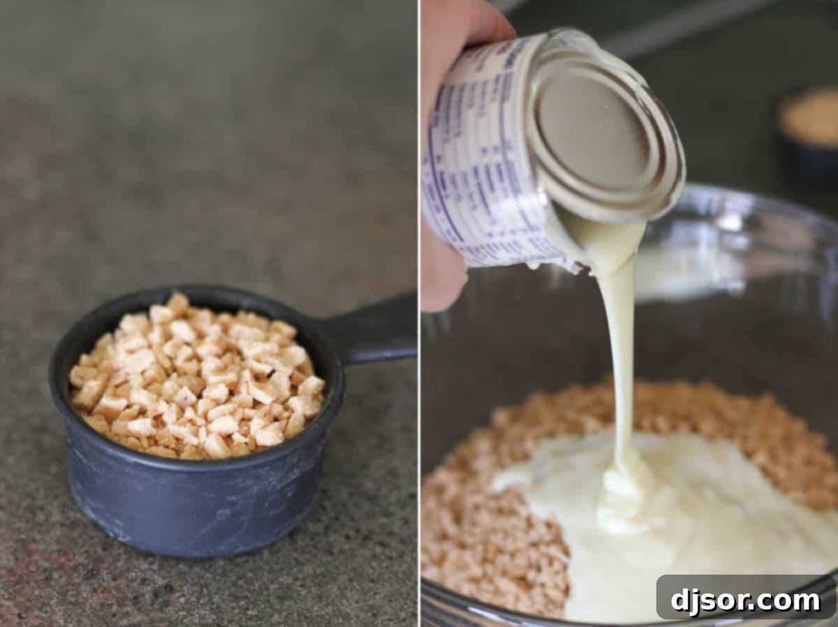 Two photos showing measuring toffee pieces and adding sweetened condensed milk to a bowl, highlighting the straightforward ingredient preparation for Skor Squares.