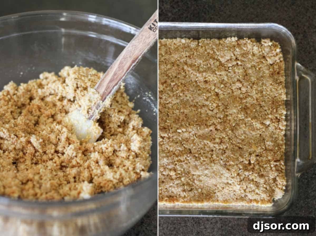 Hands pressing the cracker and toffee mixture into a baking dish, showcasing the assembly process for Skor Squares.