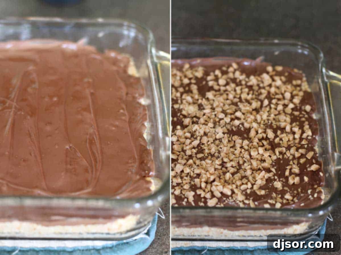 Adding melted chocolate and more toffee bits as a topping to the Skor Squares, showing the finishing touches of the dessert.