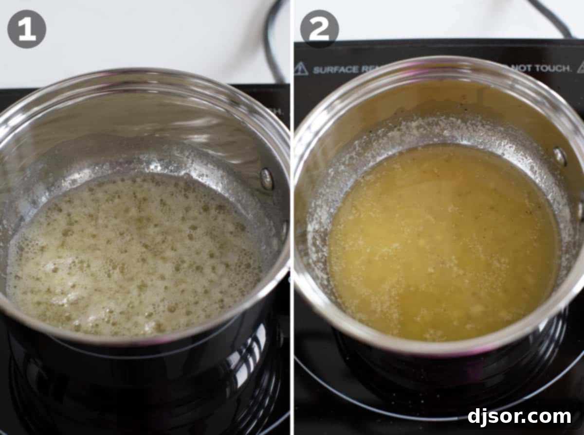 Lemon Garlic Baked Shrimp 4 A collage showing the process of making garlic butter sauce: melting butter, adding minced garlic, and stirring in fresh lemon juice in a saucepan.