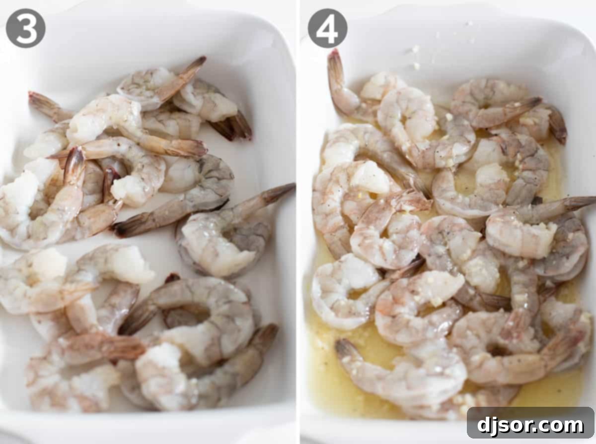 Lemon Garlic Baked Shrimp 5 A collage showing the next steps of making baked shrimp: placing raw shrimp in a baking dish and pouring the prepared garlic lemon butter over them.