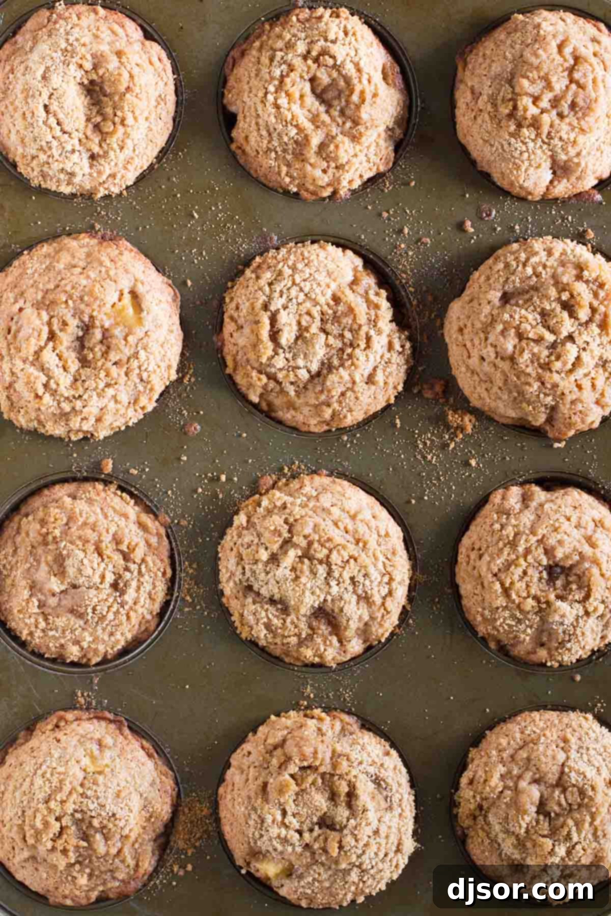 Overhead shot of freshly baked Apple Cinnamon Muffins, showcasing the golden crumb topping and the soft, inviting interior.