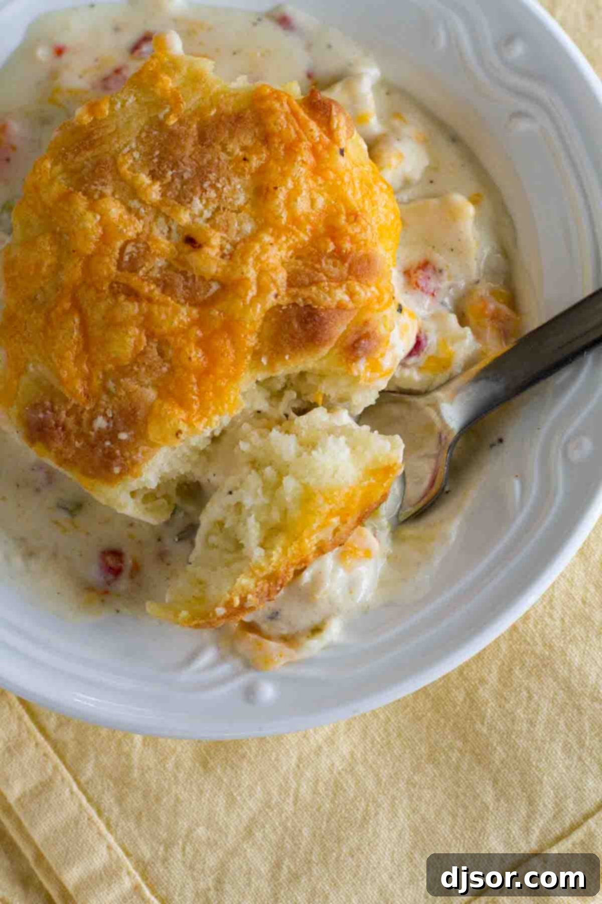 Overhead view of a serving of Creamy Chicken and Biscuits, showcasing the golden-brown biscuits and the rich, bubbly gravy