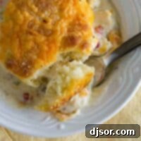 overhead view of a serving of Creamy Chicken and Biscuits