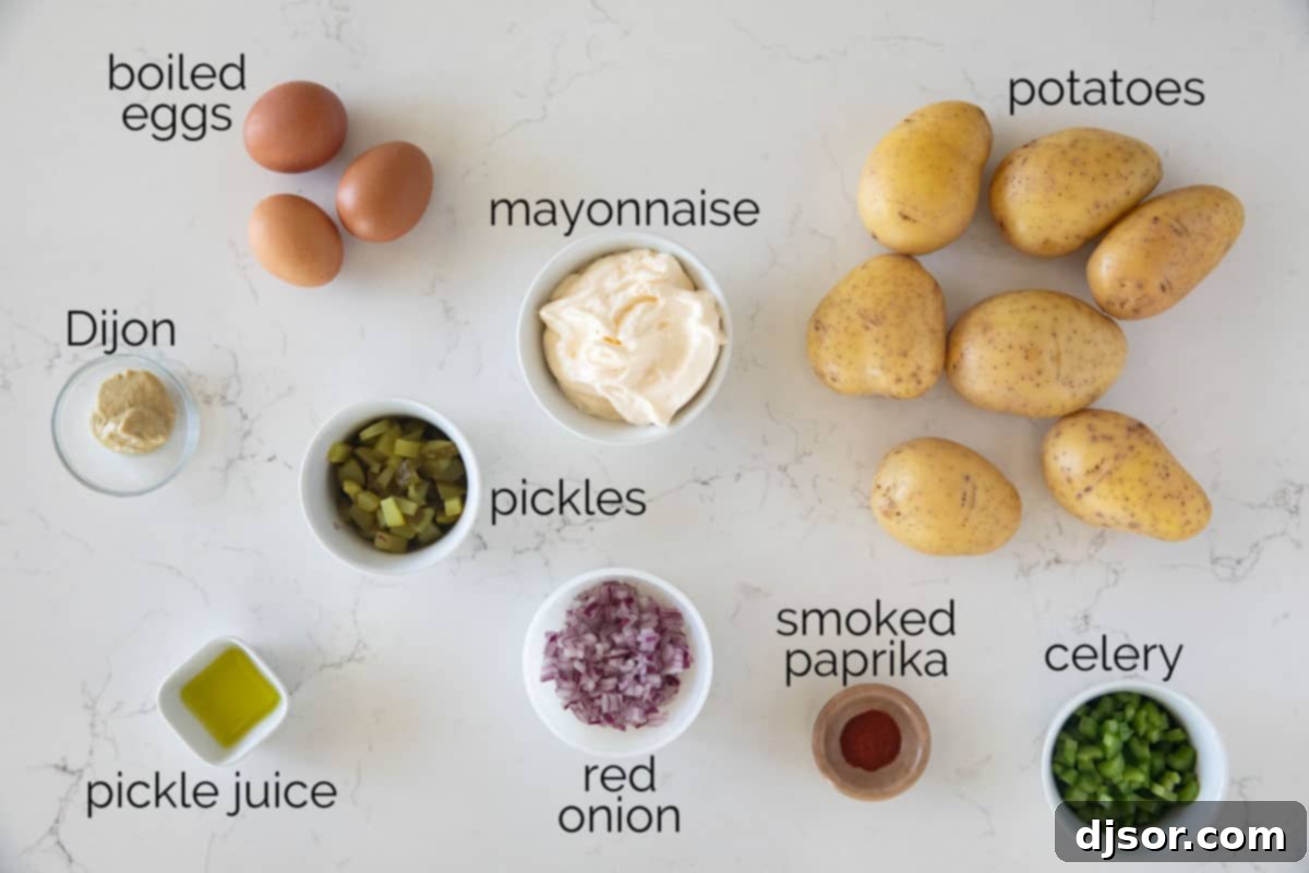 Classic Creamy Potato Salad 3 A vibrant flat lay showcasing all the fresh, high-quality ingredients laid out on a clean surface, ready to be transformed into a delicious potato salad. The image features bright yellow Yukon gold potatoes, white hard-boiled eggs, crisp green celery stalks, red onions, a jar of dill pickles, and a bowl of creamy mayonnaise, along with spices, highlighting the freshness and readiness of the components.