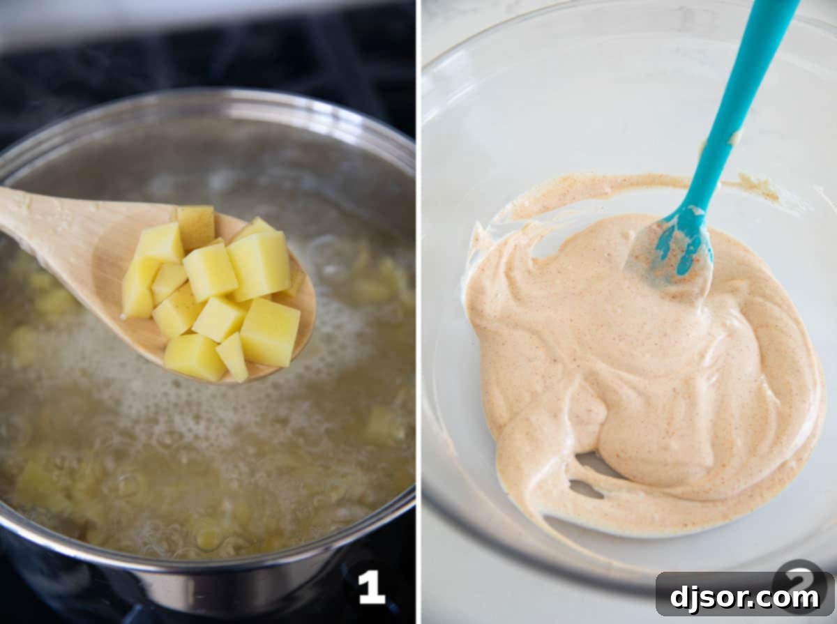 Classic Creamy Potato Salad 4 A step-by-step visual guide showing the initial stages of making potato salad. One image features diced Yukon gold potatoes boiling in a pot of salted water, ensuring they cook to perfection. The second image displays a large mixing bowl where mayonnaise, Dijon mustard, pickle juice, and smoked paprika are being whisked together, creating the creamy base for the dressing.