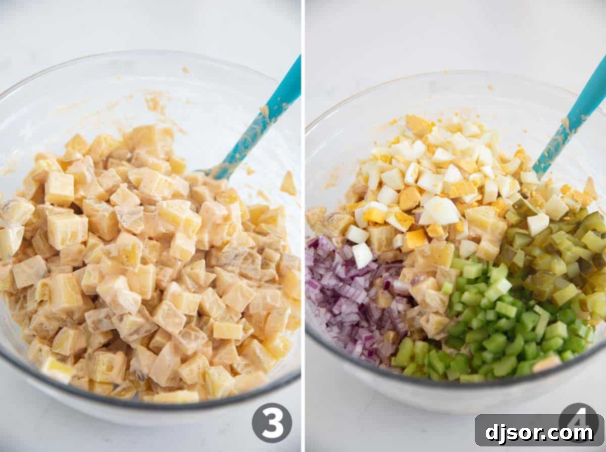 Classic Creamy Potato Salad 5 The process of mixing ingredients for homemade potato salad. One image shows the cooked, warm diced potatoes being gently folded into the creamy mayonnaise-based dressing in a large bowl. The other image captures the addition of finely chopped hard-boiled eggs, red onion, dill pickles, and celery to the potato mixture, illustrating the gradual assembly of the salad.