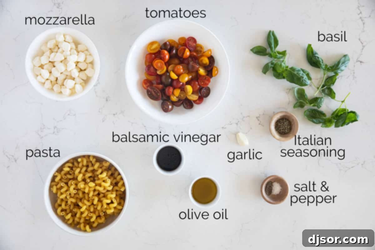 Close-up of fresh ingredients for Caprese Pasta Salad: tomatoes, mozzarella, basil, olive oil, balsamic vinegar, garlic, and seasoning.