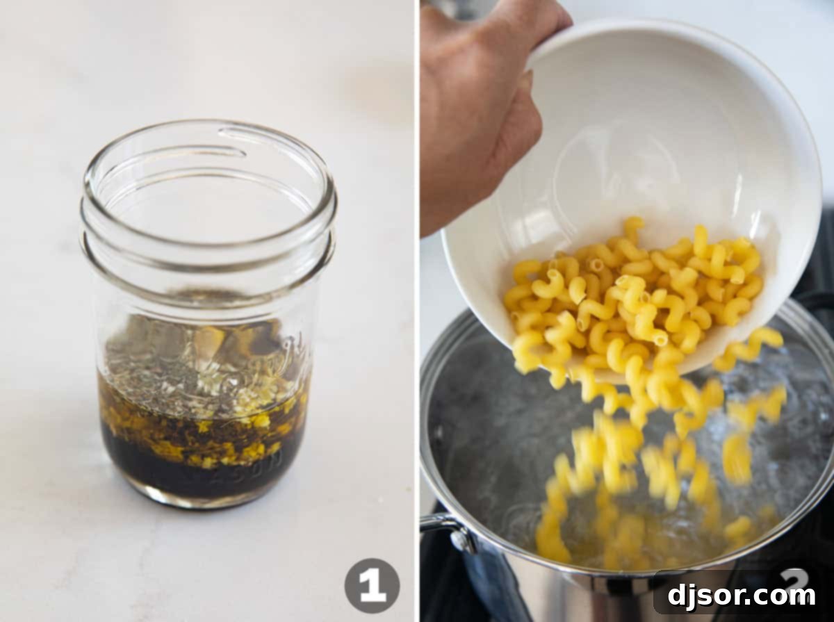 Preparing balsamic vinaigrette in a jar and boiling pasta for Caprese Pasta Salad.