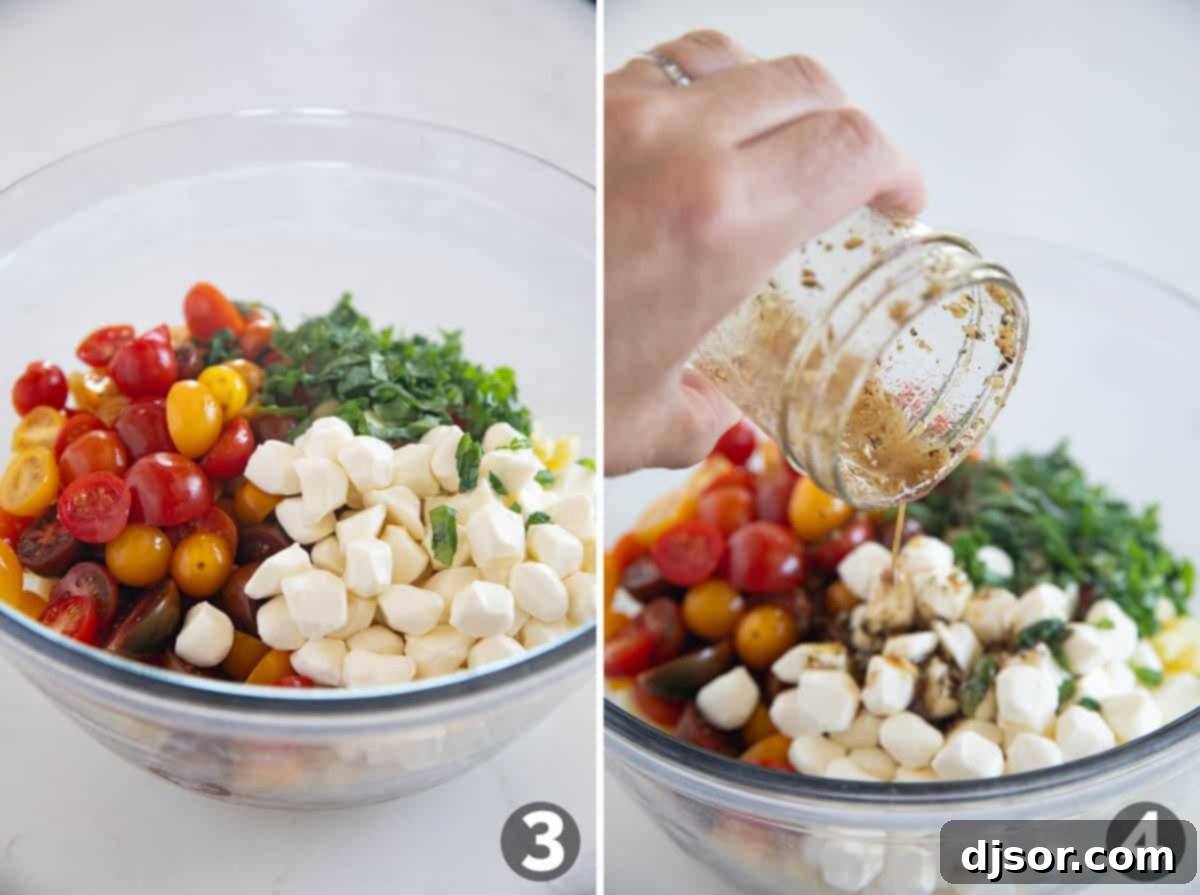 Mixing cooked pasta, mozzarella, tomatoes, and basil with balsamic vinaigrette in a large bowl.