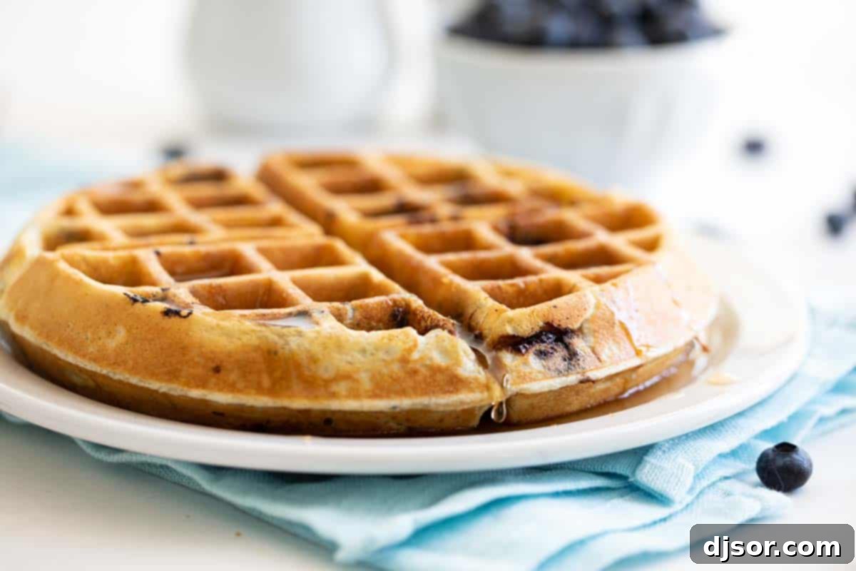 Bursting with blueberry flavor, these tender Blueberry Waffles are a breakfast the whole family loves. They are fast, easy, and the perfect way to make any morning feel special. thick blueberry waffle on a white plate with syrup dripping, a perfect start to the day