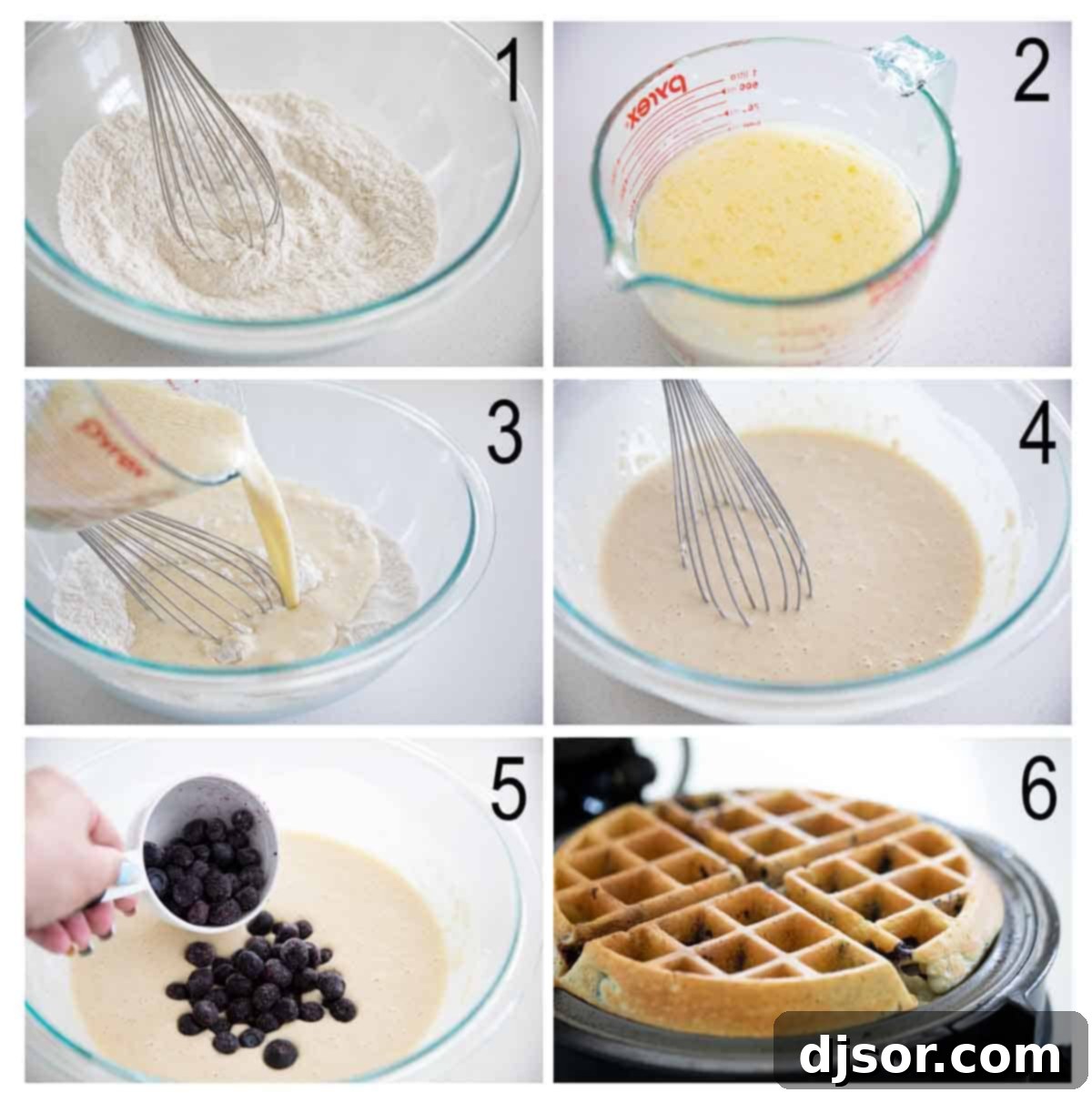 Bursting with blueberry flavor, these tender Blueberry Waffles are a breakfast the whole family loves. They are fast, easy, and the perfect way to make any morning feel special. steps for making blueberry waffles, showing mixing dry and wet ingredients and folding in blueberries