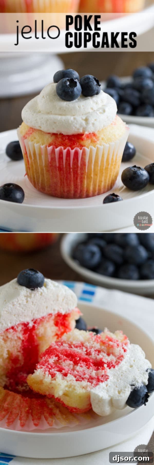 Jiggly Jell-O Poke Cupcakes 9 An elongated image showcasing a stack of Jello poke cupcakes, emphasizing their vibrant colors and appealing texture, ideal for Pinterest.