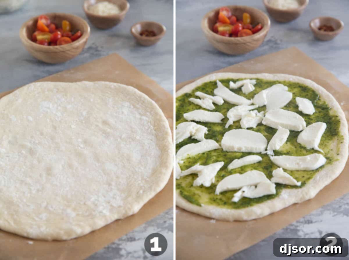 A pair of hands skillfully stretching out homemade pizza dough on a sheet of parchment paper, preparing it for a delicious Pesto Pizza. The vibrant green pesto and creamy mozzarella cheese are ready in bowls beside the dough, anticipating their place on this culinary creation.