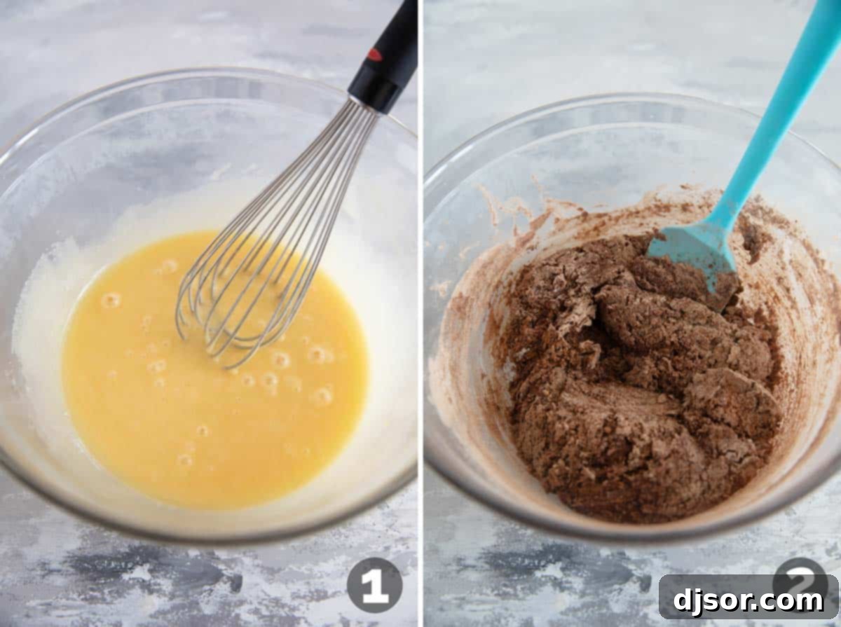 Mixing the wet and dry ingredients together to form the batter for chocolate zucchini bread.