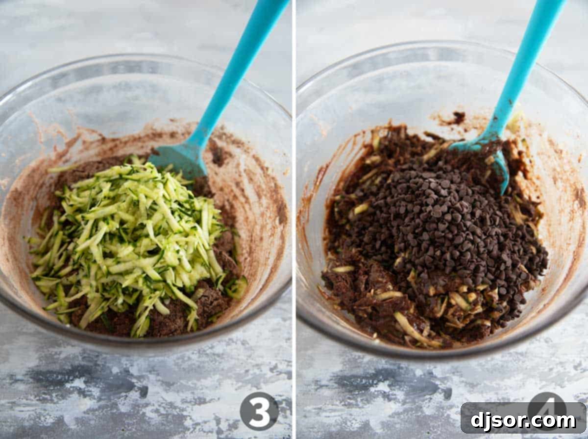 Adding shredded zucchini and mini chocolate chips to the thick chocolate zucchini bread batter.