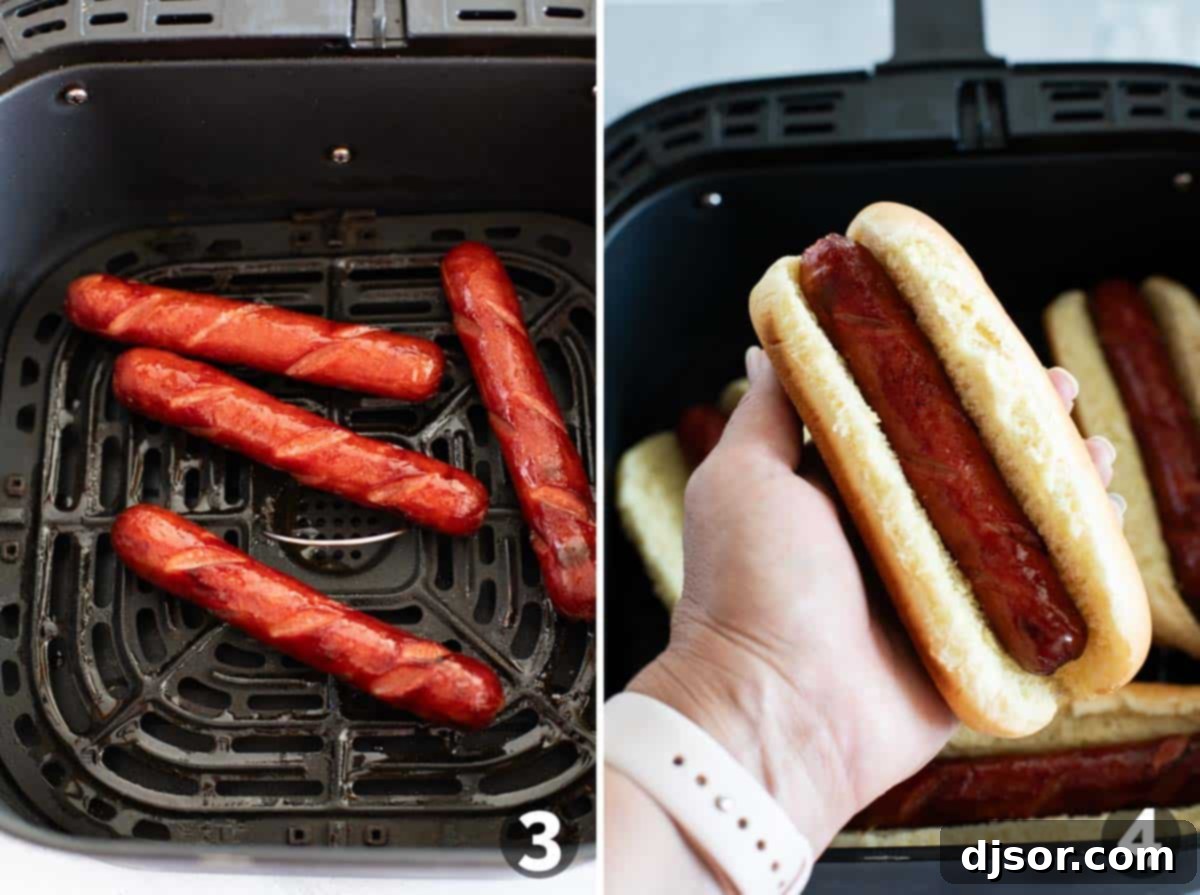 Crispy Air Fried Hot Dogs 5 Cooking hot dogs in an air fryer and adding hot dogs in buns to the air fryer.