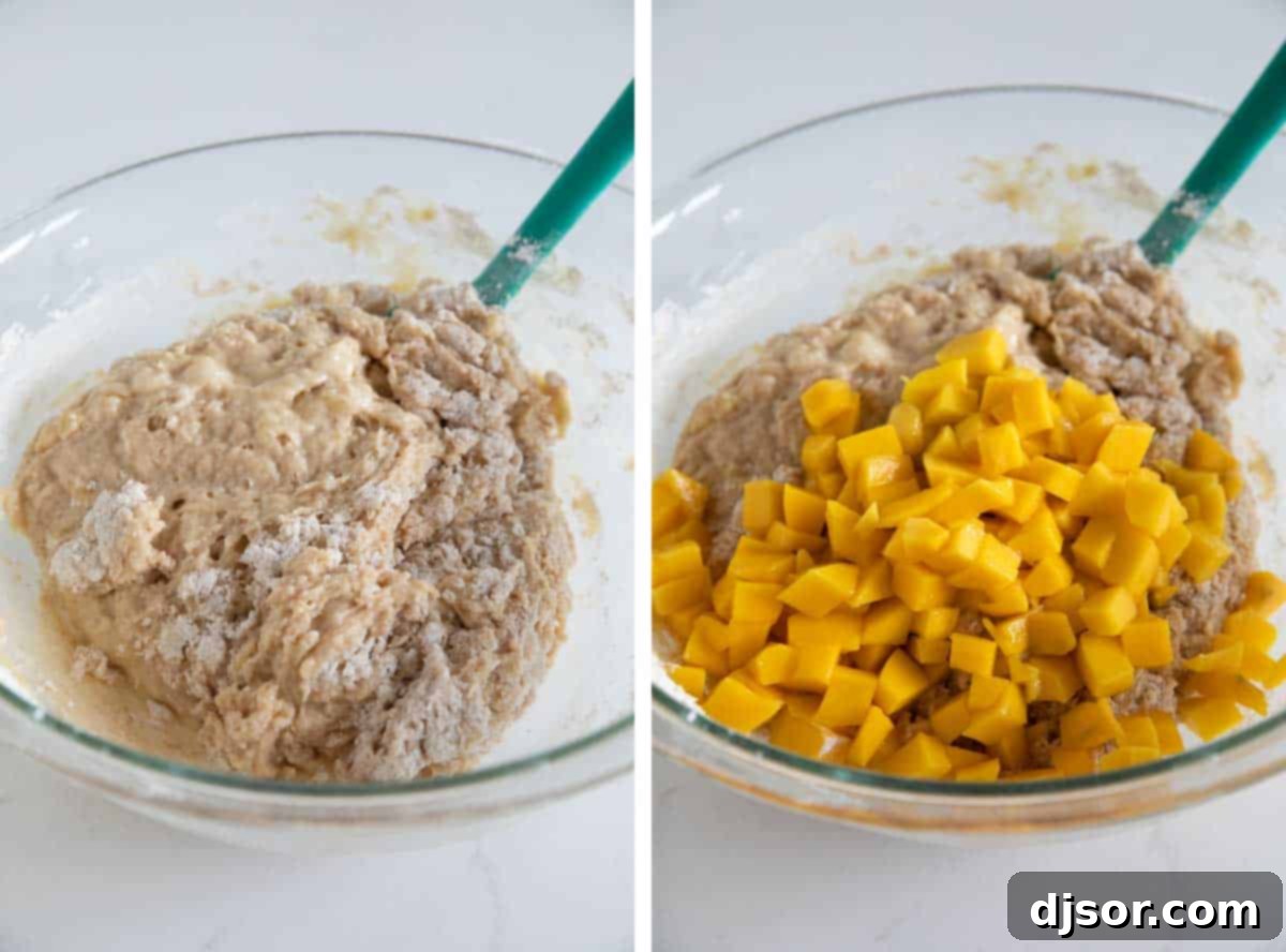 mixing muffin batter and adding mangoes