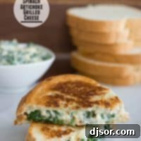 Creamy Spinach Artichoke Grilled Cheese 2 Spinach Artichoke Grilled Cheese - close up of the sandwich