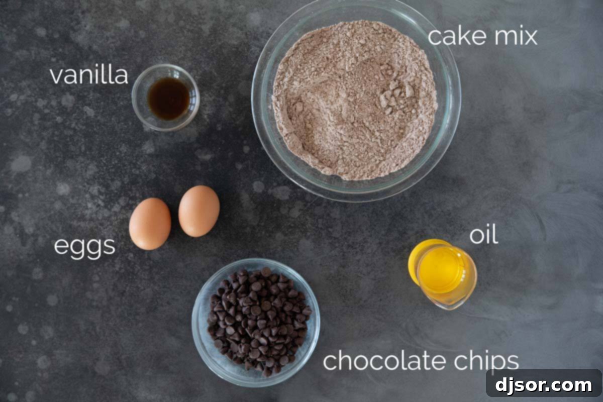 Ingredients for making Cake Mix Brownies laid out on a kitchen counter.