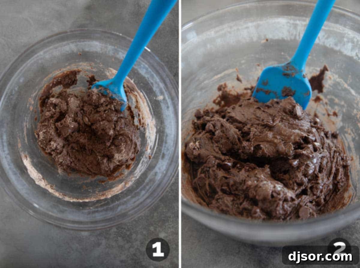 Mixing brownie batter in a bowl, showing the thick consistency for cake mix brownies.