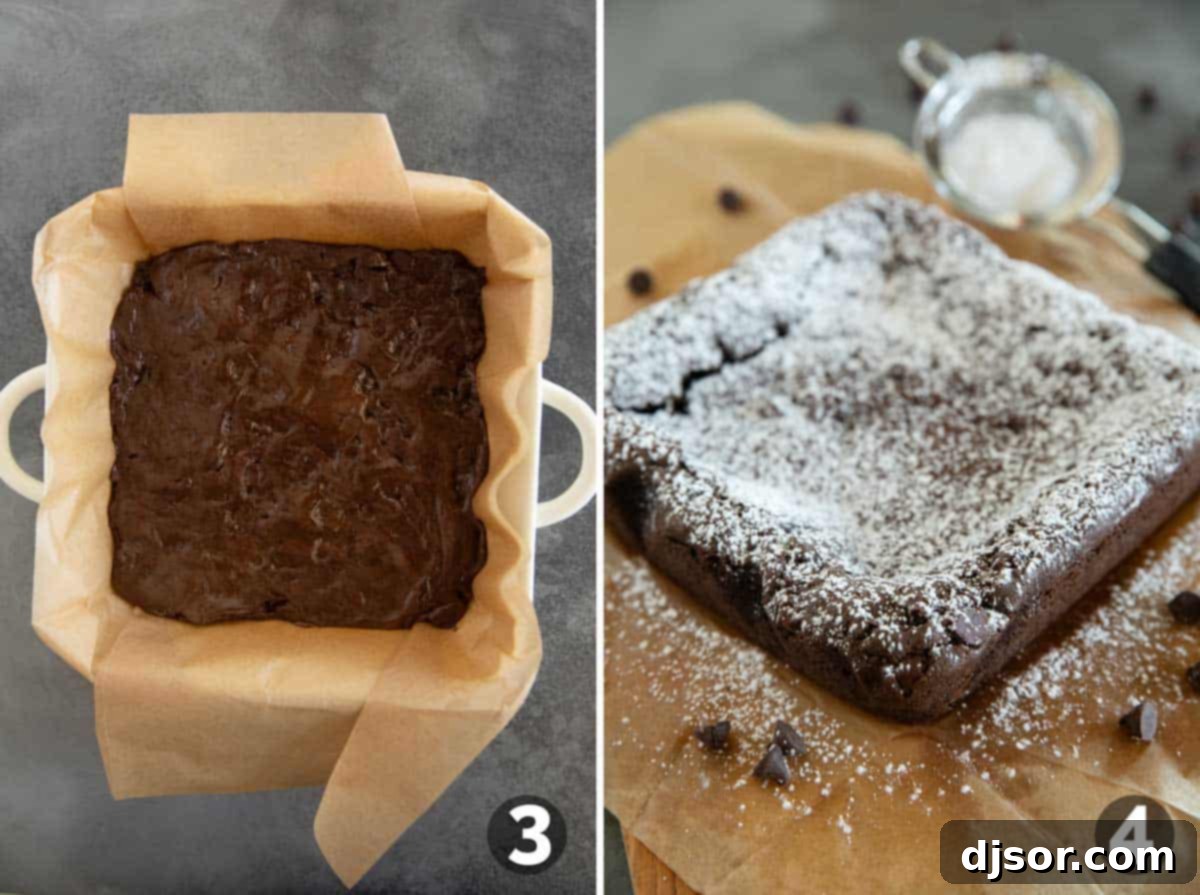 Cake mix brownie batter spread in a baking dish, and a second image showing finished brownies dusted with powdered sugar.