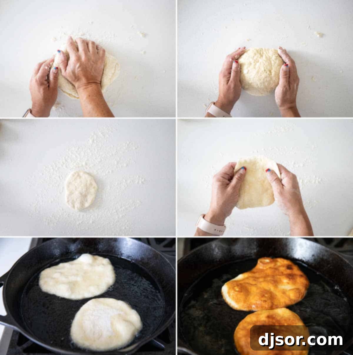 The technique for preparing fry bread dough: from a smooth ball to flattened discs, ready for frying. Detailed steps for kneading and flattening fry bread dough into perfect circular discs