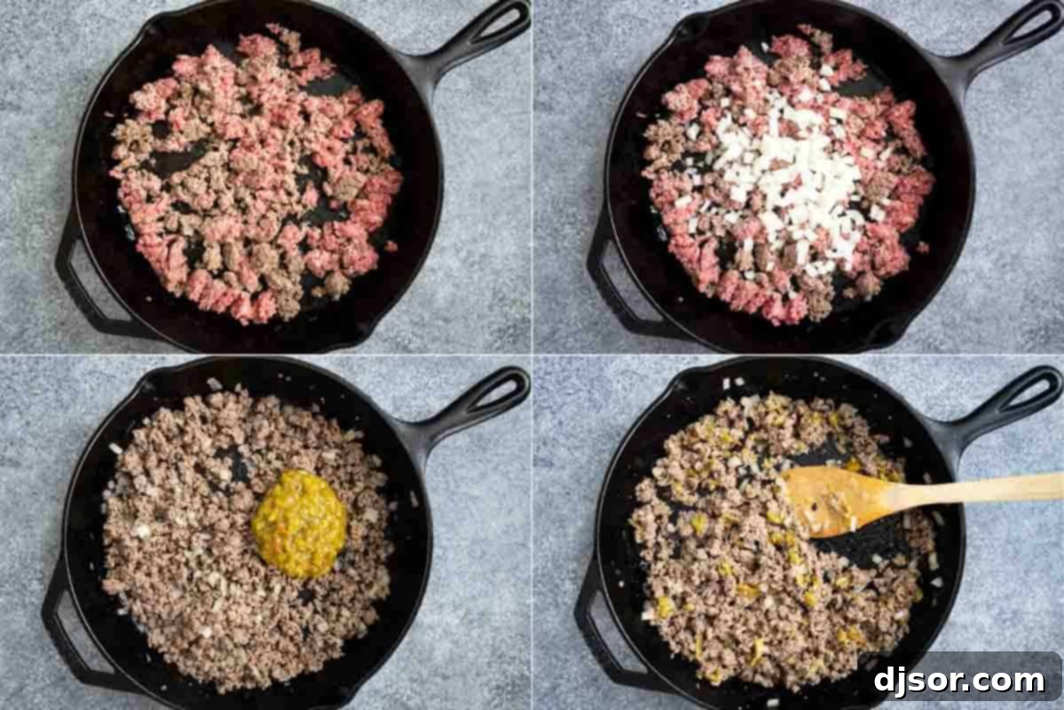 Follow these easy steps to cook the flavorful ground beef filling, an essential component of the Navajo Taco. Visual steps illustrating how to prepare the savory ground beef topping for Navajo Tacos