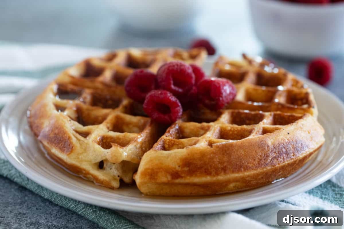 Classic Belgian Waffles 2 Belgian Waffle Recipe - topped with syrup and raspberries.