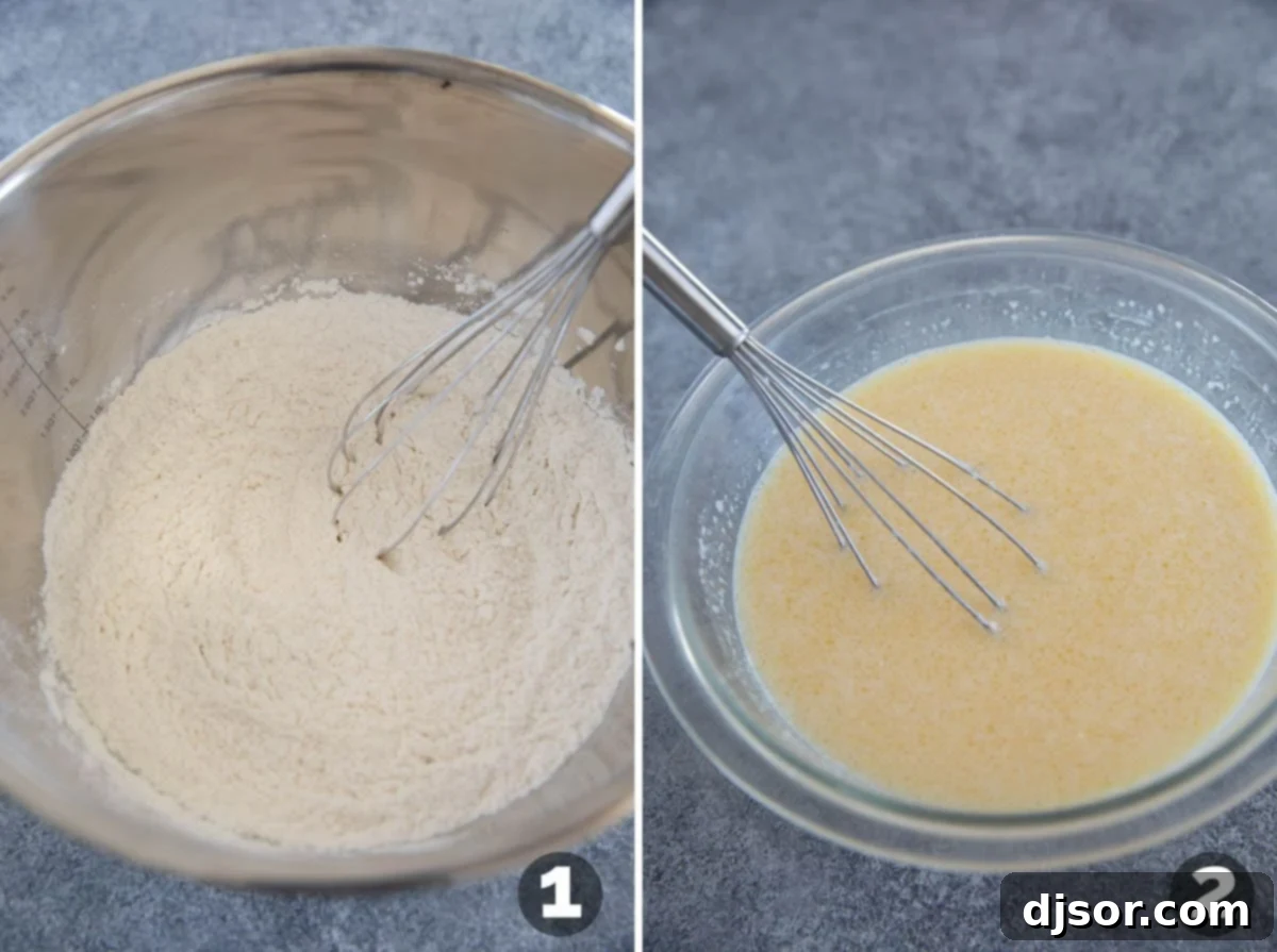 Classic Belgian Waffles 4 Mixing ingredients together for Belgian waffles.