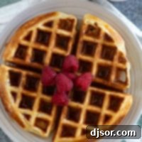 Classic Belgian Waffles 10 Belgian Waffle Recipe topped with syrup and fresh raspberries.