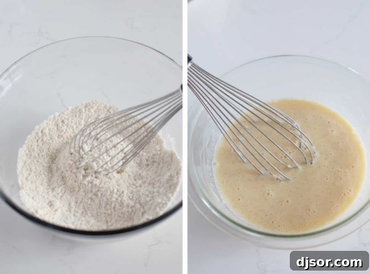 A large white bowl containing dry pancake ingredients, including flour, brown sugar, baking powder, and salt, with a whisk resting in it after being thoroughly mixed.