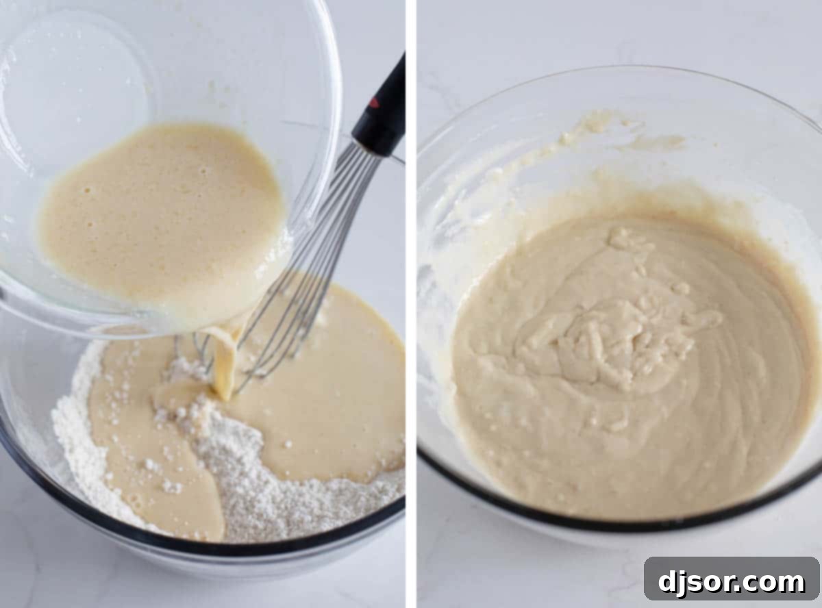 A bowl of wet ingredients for strawberry pancakes, including buttermilk, eggs, melted butter, and vanilla, being whisked together vigorously to combine.