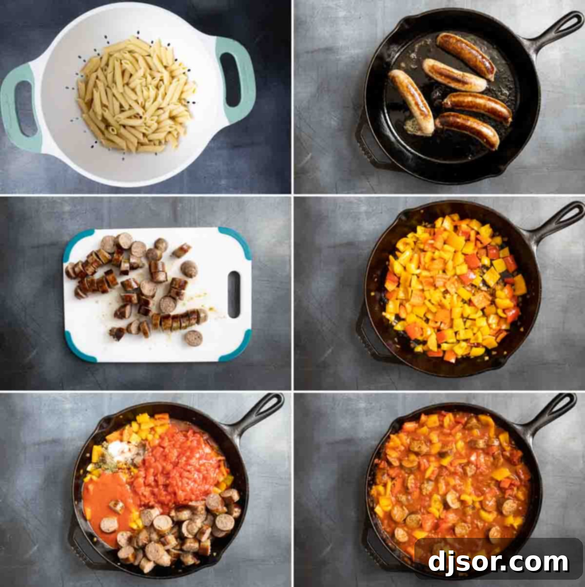 Visual guide to making Sausage and Peppers Pasta at home. step-by-step photos illustrating the cooking process of sausage and peppers pasta