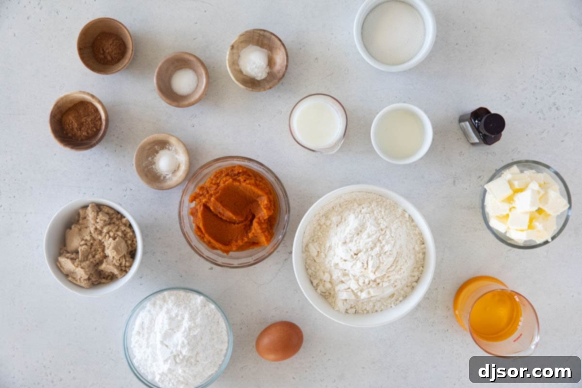 Ingredients for Pumpkin Coffee Cake laid out on a kitchen counter, ready for baking.
