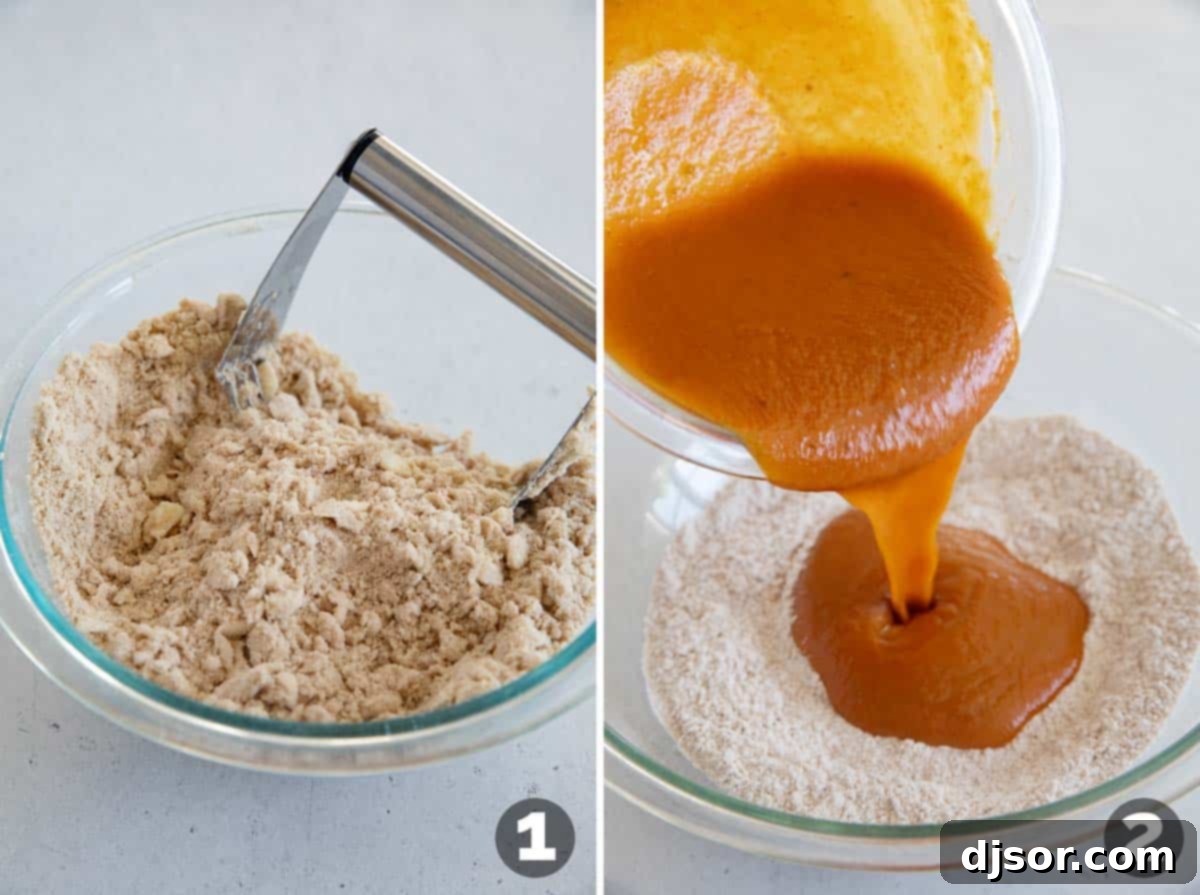 Steps for making streusel topping for pumpkin coffee cake and mixing ingredients for the cake batter.