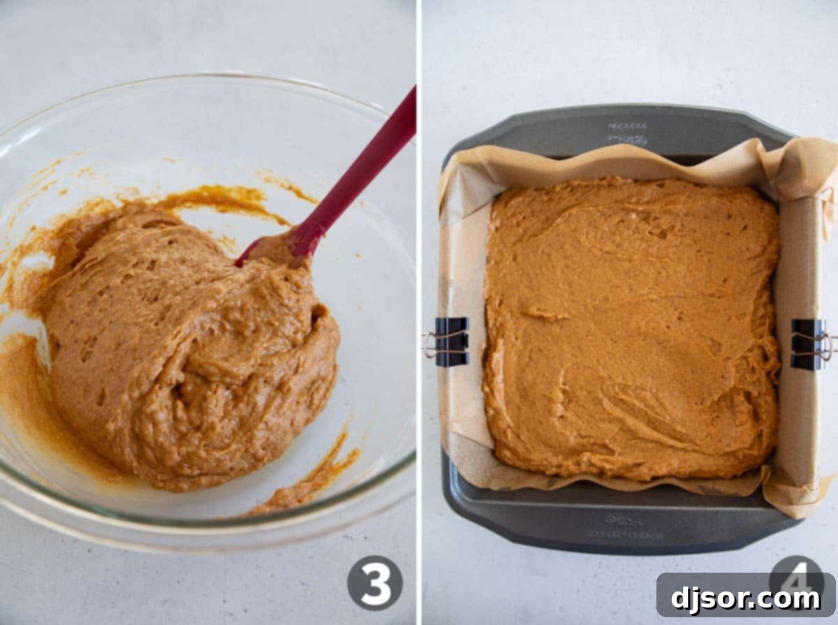 Mixing batter for pumpkin coffee cake and adding it to a prepared baking pan, topped with streusel.