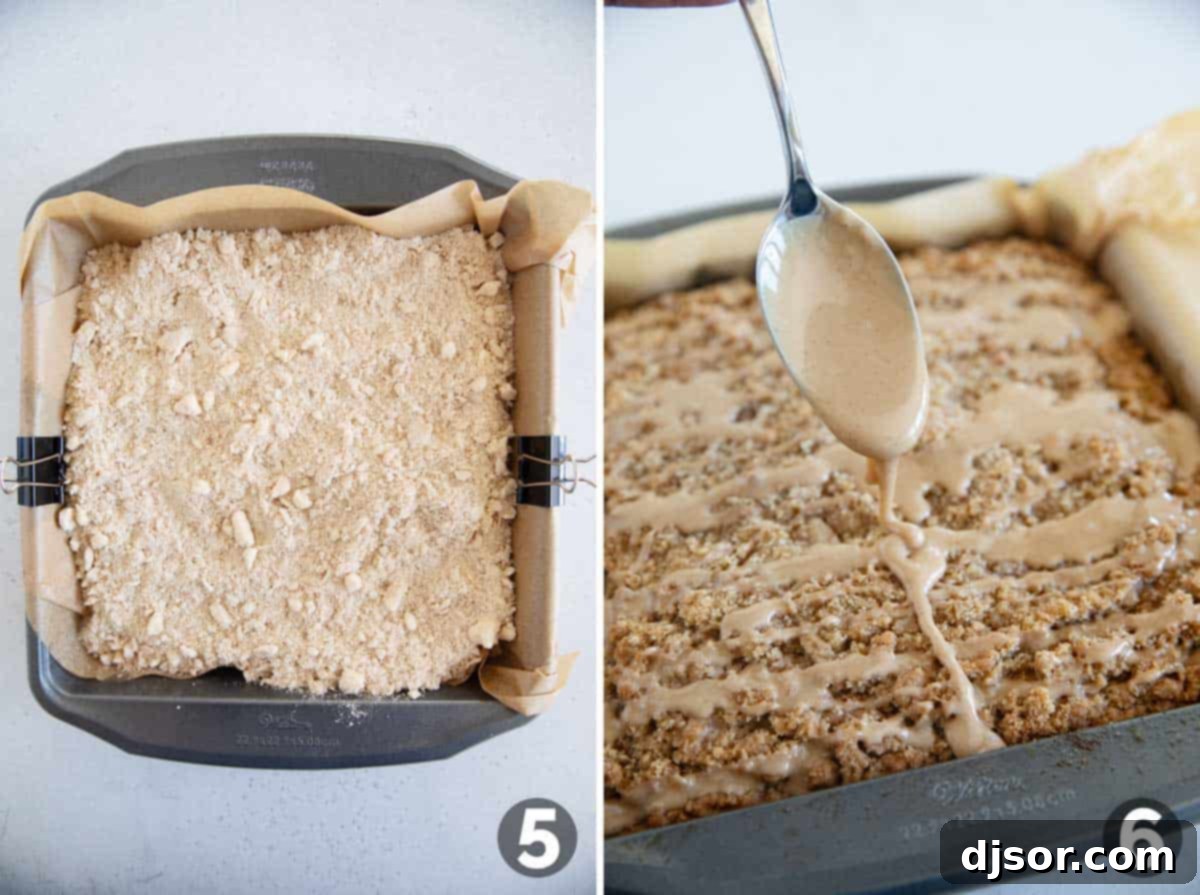 Adding crumb topping and drizzling maple cinnamon glaze over a baked pumpkin coffee cake.