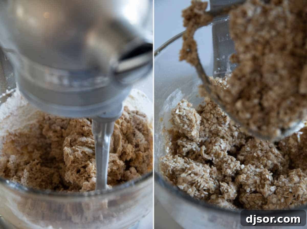 Chewy Coconut Oat Delights 5 Close-up of oatmeal being mixed into cookie dough in a large bowl for Oatmeal Coconut Cookies.