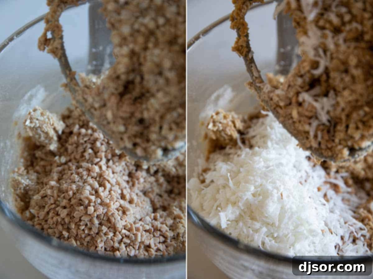 Chewy Coconut Oat Delights 6 Cookie dough with toffee bits and shredded coconut being mixed in, for Oatmeal Coconut Cookies.