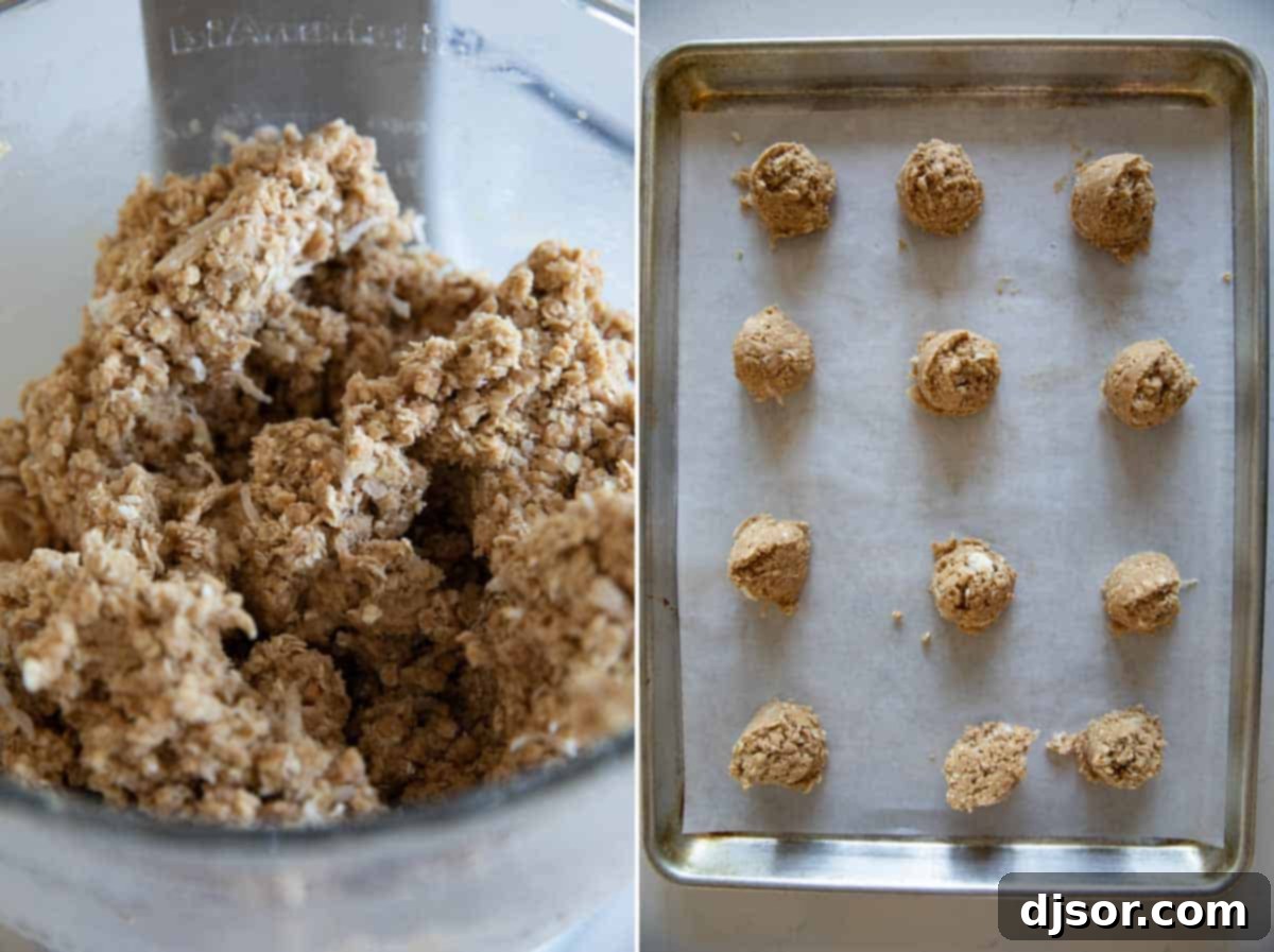 Chewy Coconut Oat Delights 7 Cookie dough balls on a parchment-lined baking sheet, ready to be baked, with a bowl of remaining dough.