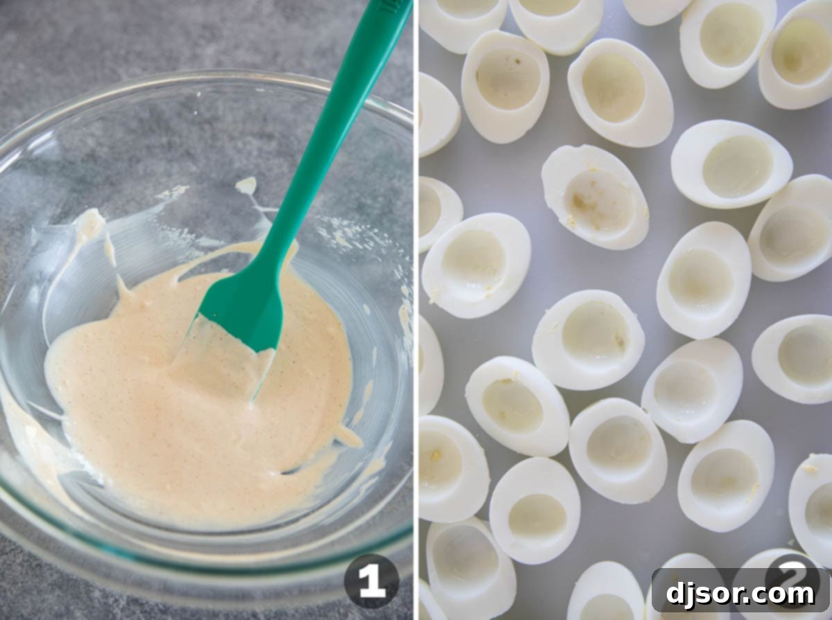 Ghastly Deviled Eggs 4 Image showing the start of deviled egg preparation, with eggs being cut in half and the filling ingredients ready.
