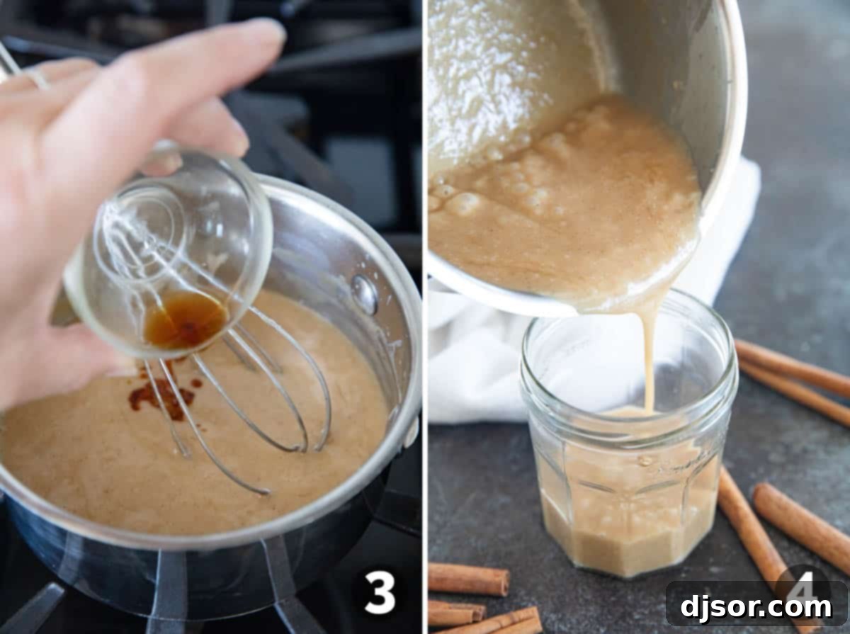 Velvet Cinnamon Nectar 5 Adding vanilla to cinnamon syrup and pouring syrup into a jar.