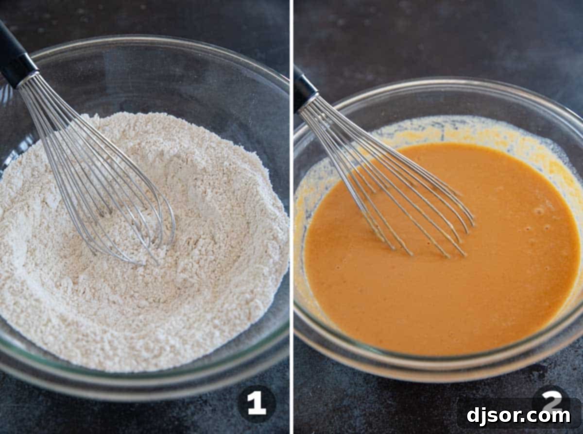Autumn Pumpkin Waffles 4 Two separate bowls: one showing dry ingredients being whisked to combine, and another bowl with wet ingredients being stirred for pumpkin waffle batter preparation.