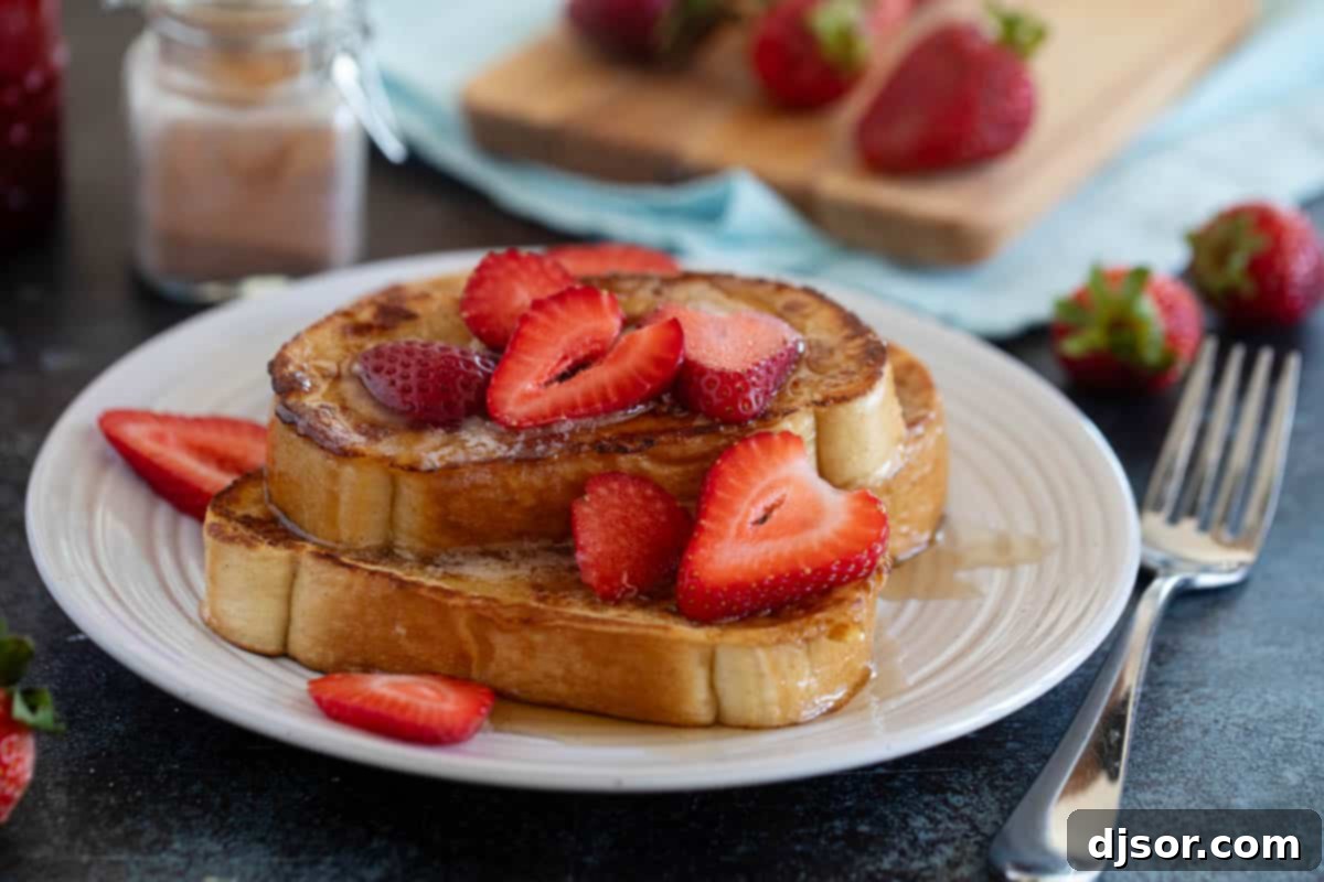 Pain Perdu 2 Perfectly cooked French Toast served with a colorful array of sliced berries and a drizzle of golden syrup, highlighting its fluffy texture and golden crust.