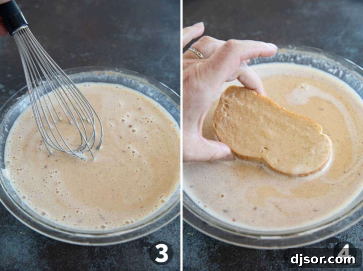 Pain Perdu 5 Bread slices being carefully dipped into a rich, golden French toast custard in a shallow dish, ready for cooking.