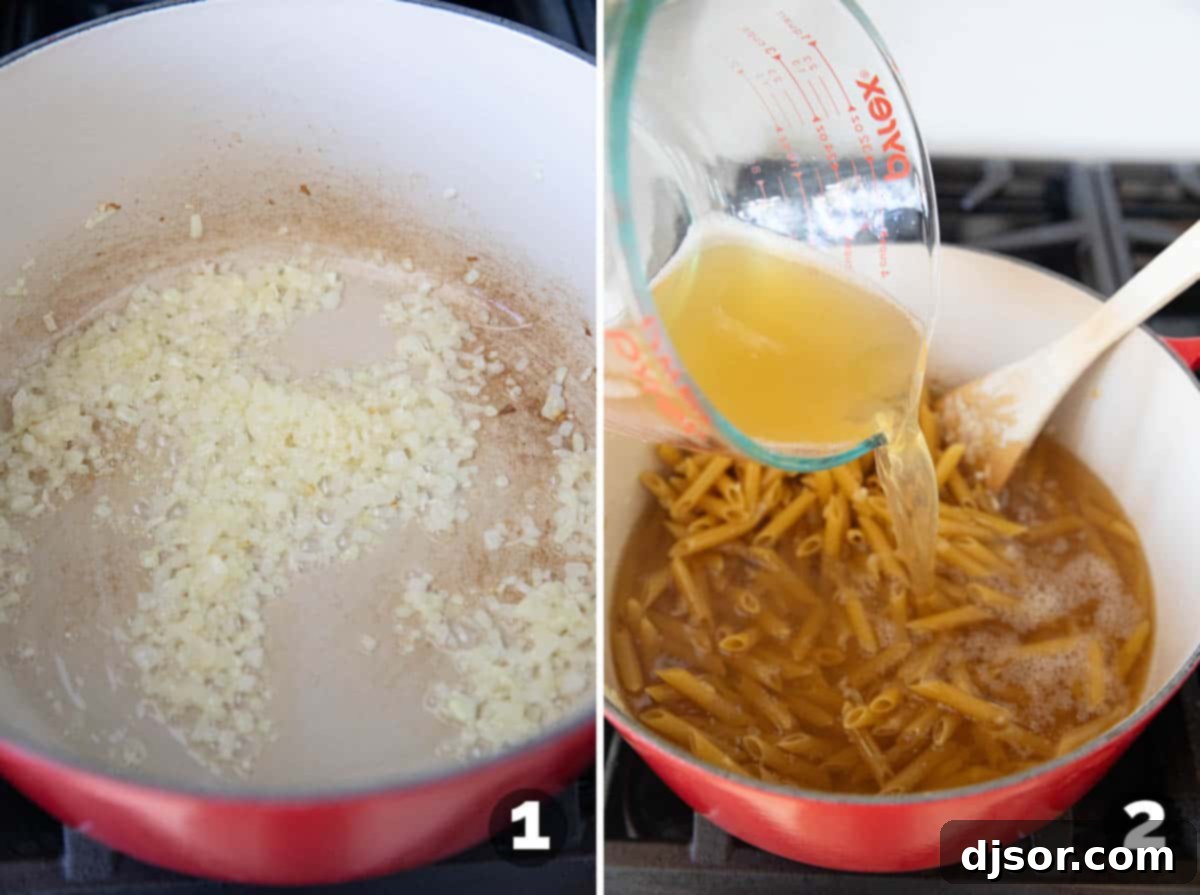 Ultimate Buffalo Chicken Pasta 4 Cooking onion and garlic, and adding pasta and chicken broth.